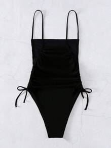 SHEIN Swim Summer Beach Drawstring Side One Piece Swimsuit - Black - View 2