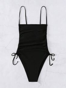 SHEIN Swim Summer Beach Drawstring Side One Piece Swimsuit - Black - View 3