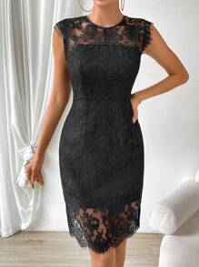 SHEIN Privé 素色蕾絲緊身連衣裙 - 黑色 - 查看 5