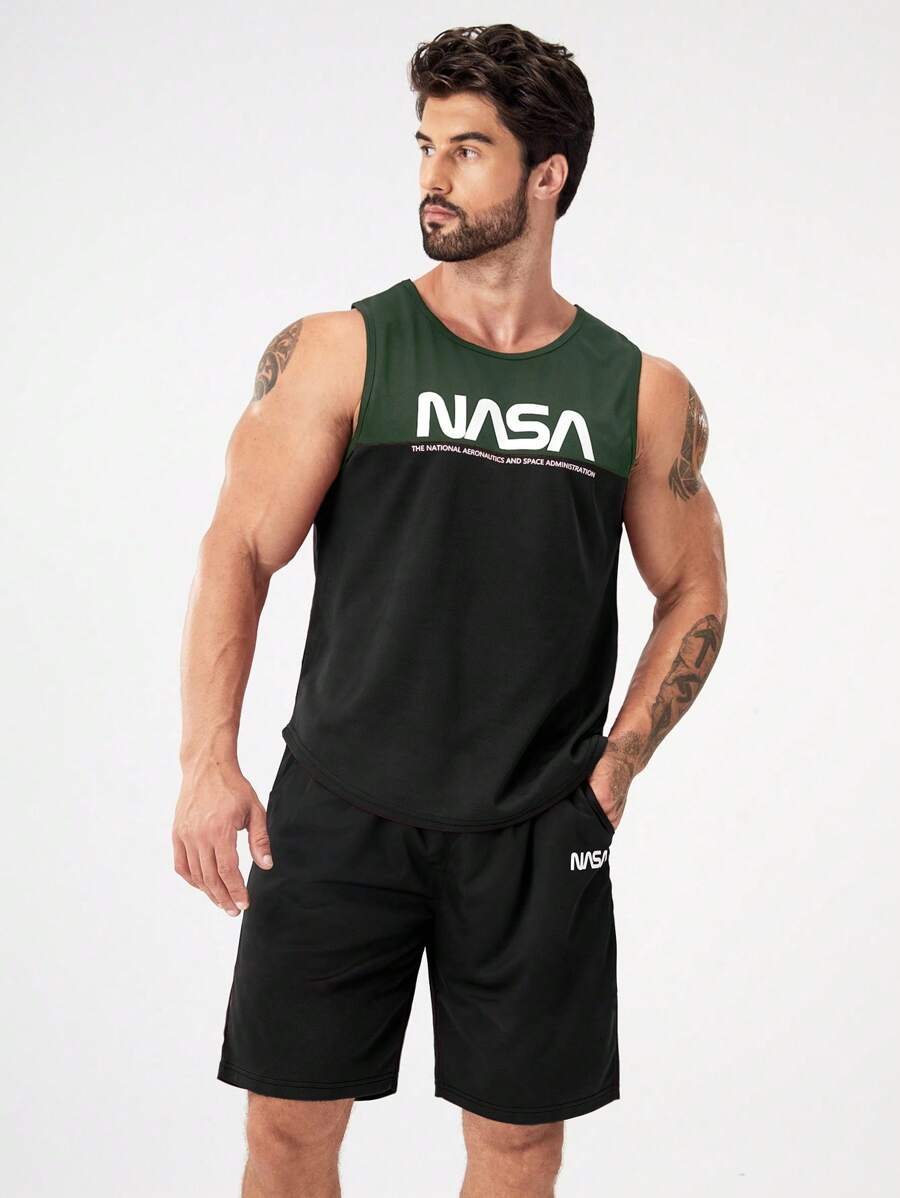 SHEIN Daily&Casual Conjunto deportivo para hombre con gráfico de letra y dos tonos, traje deportivo, conjunto de entrenamiento de chándal - Multicolor - Ver 1