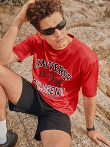 Camiseta deportiva básica con gráfico de letra para hombre, camiseta deportiva, camiseta roja para hombre, camiseta deportiva - Rojo - Ver 5