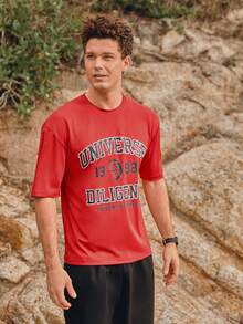 Camiseta deportiva básica con gráfico de letra para hombre, camiseta deportiva, camiseta roja para hombre, camiseta deportiva - Rojo - Ver 6