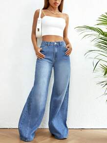 SHEIN EZwear Solid Flare Leg Jeans - Medium Wash - View 1