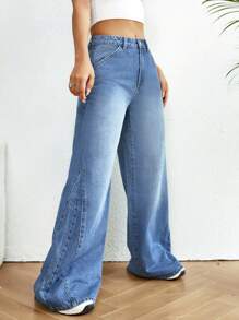 SHEIN EZwear Solid Flare Leg Jeans - Medium Wash - View 4