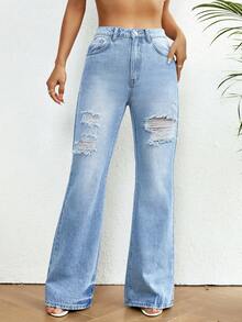 SHEIN Essnce Ripped Flare Leg Jeans - Light Wash - View 2