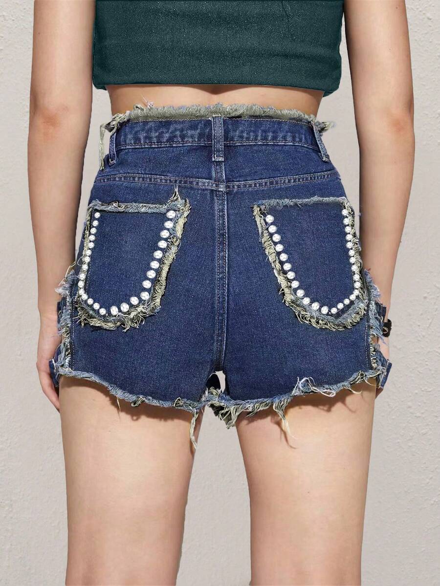 Quần short denim nữ Nút Cắt ra Túi Dây kéo Thùa khuyết Hem thô màu trơn - Rửa tối - Xem 1
