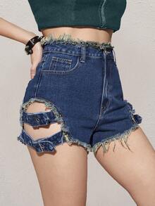 Quần short denim nữ Nút Cắt ra Túi Dây kéo Thùa khuyết Hem thô màu trơn - Rửa tối - Xem 2