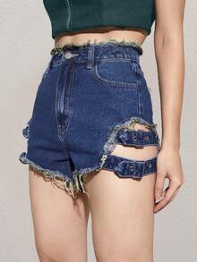 Quần short denim nữ Nút Cắt ra Túi Dây kéo Thùa khuyết Hem thô màu trơn - Rửa tối - Xem 3