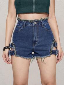 Quần short denim nữ Nút Cắt ra Túi Dây kéo Thùa khuyết Hem thô màu trơn - Rửa tối - Xem 4