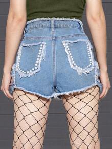 Quần short denim nữ Nút Túi Hem thô Dây kéo Cắt ra Thùa khuyết màu trơn - Rửa nhẹ - Xem 1