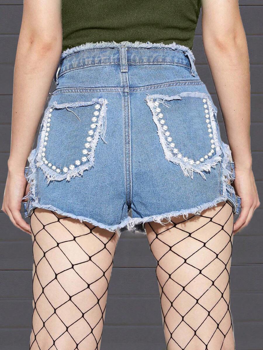 Quần short denim nữ Nút Túi Hem thô Dây kéo Cắt ra Thùa khuyết màu trơn - Rửa nhẹ - Xem 1