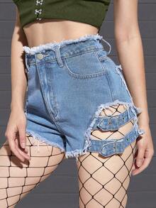 Quần short denim nữ Nút Túi Hem thô Dây kéo Cắt ra Thùa khuyết màu trơn - Rửa nhẹ - Xem 2