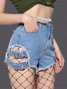 Quần short denim nữ Nút Túi Hem thô Dây kéo Cắt ra Thùa khuyết màu trơn - Rửa nhẹ - Xem 4