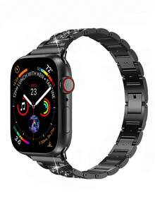 1入女性黑色金屬閃亮鑽石手錶表帶，可與Apple Watch 38/40/41/42/44/45/49mm兼容，亦可與Apple Watch 9/Ultra/Se/8/7/6/5/4/3/2/1兼容，時尚閃亮球型手錶表帶Apple Watch 手錶表帶 - 黑色 - 查看 3