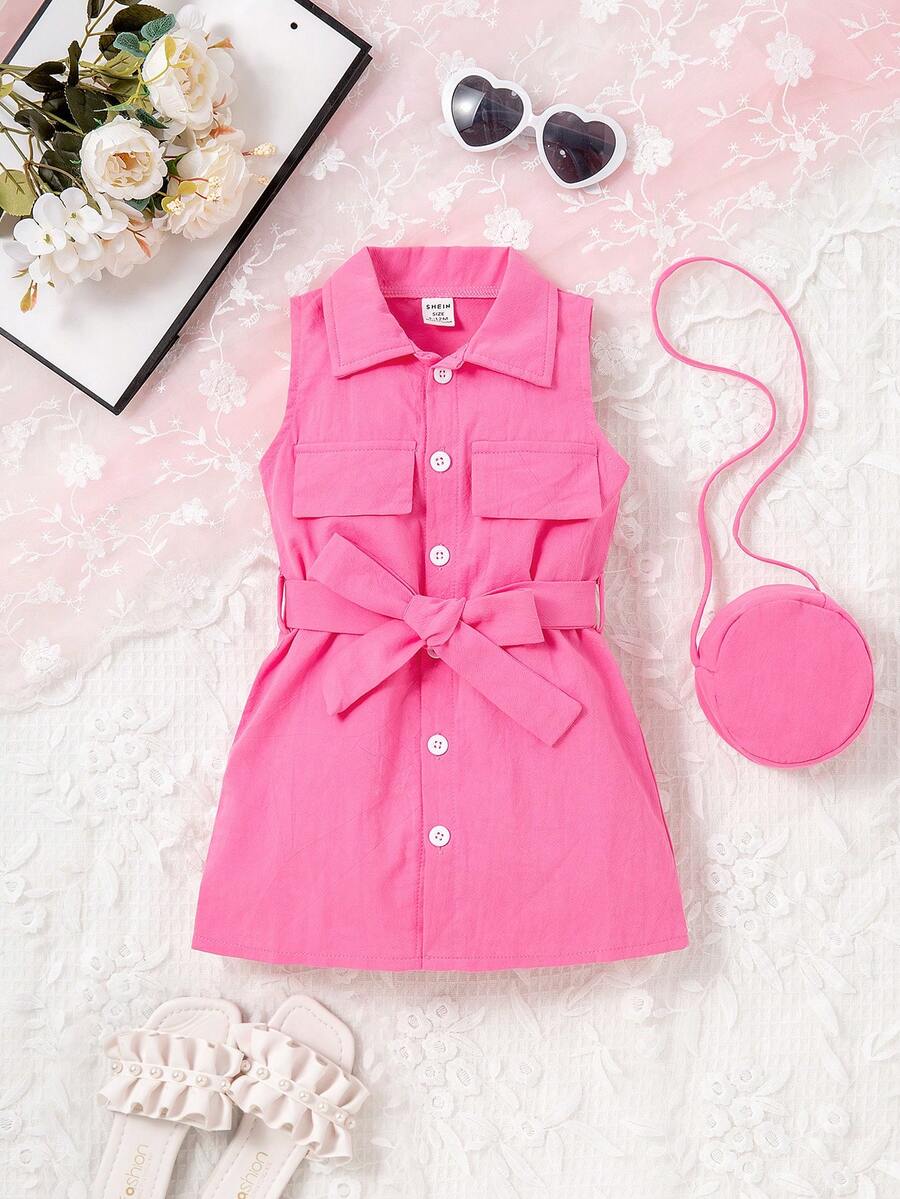 嬰兒女裝翻蓋細節襯衫裙連包包