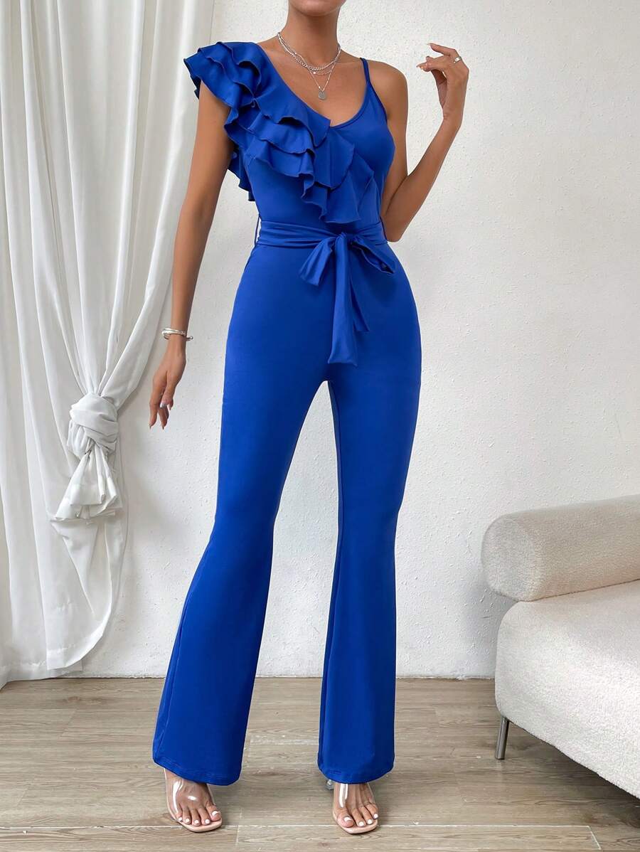 SHEIN Privé Áo liền quần nữ Thắt lưng Xù phân lớp màu trơn Thanh lịch - Màu xanh lam - Xem 1