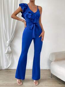 SHEIN Privé Áo liền quần nữ Thắt lưng Xù phân lớp màu trơn Thanh lịch - Màu xanh lam - Xem 3