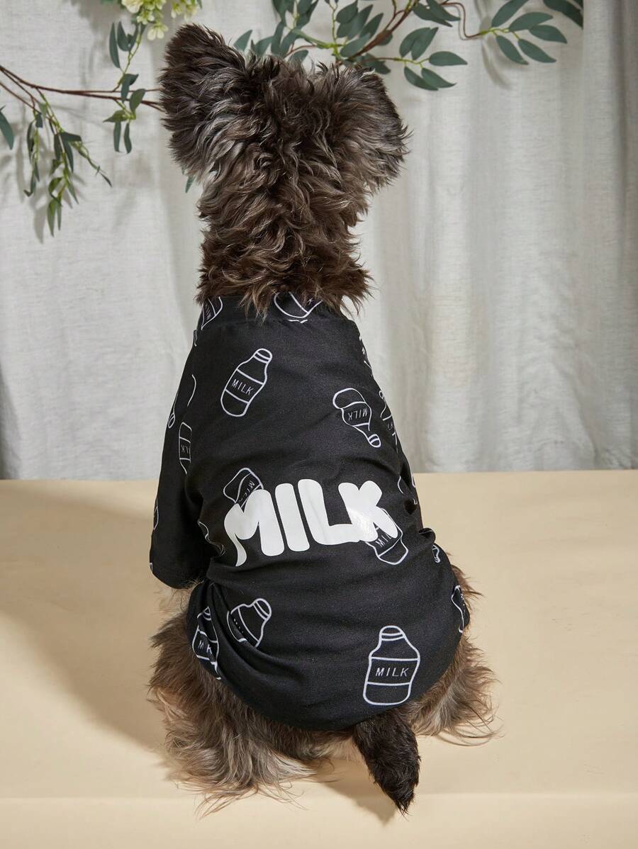 1入組可愛瓶印字母圖形寵物T恤，黑色柔軟迷你寵物T恤，貓用，狗用，夏季用狗 - 黑色 - 查看 1