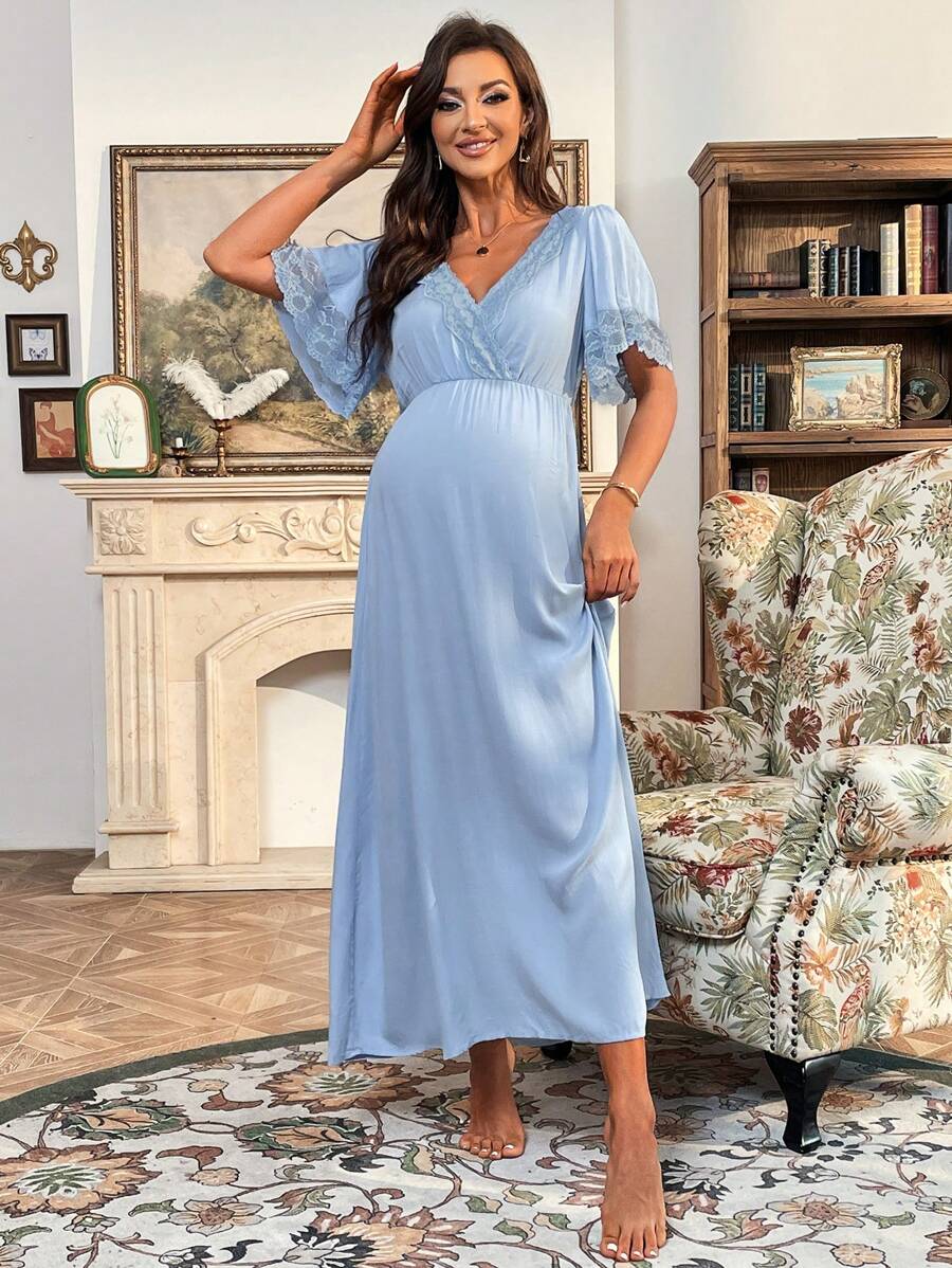 SHEIN Maternity Contrast Lace Butterfly Sleeve Dress - Baby Blue - View 1