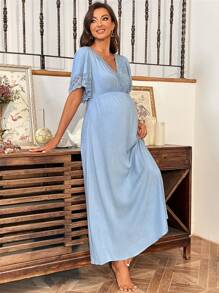 SHEIN Maternity Contrast Lace Butterfly Sleeve Dress - Baby Blue - View 3