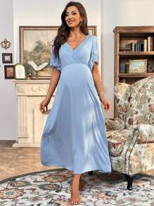 SHEIN Maternity Contrast Lace Butterfly Sleeve Dress - Baby Blue - View 5