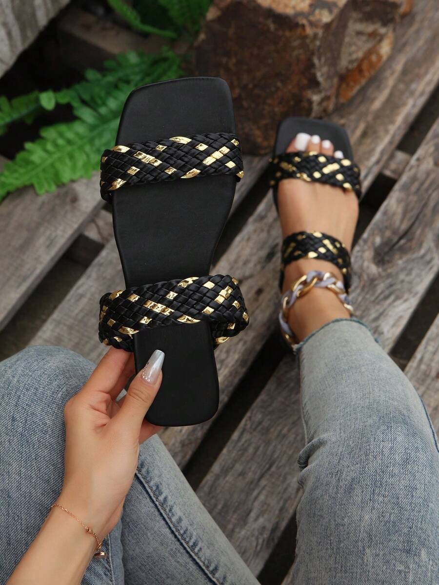 Women Braided Design Double Strap Slide Sandals, Vacation Summer Flat Sandals - Multicolor - View 1