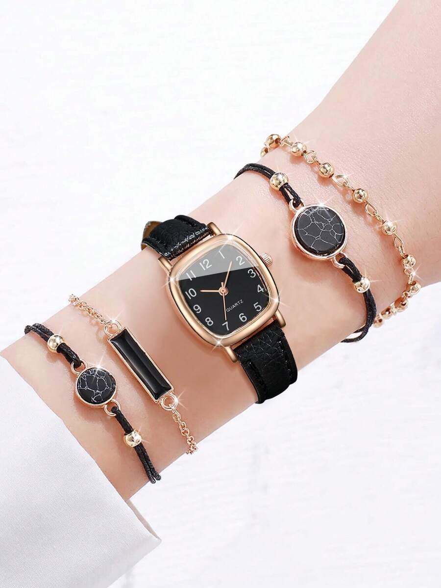女式簡約方形錶盤石英手錶配皮帶和手鍊套裝（5入組/套）