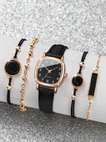 女式簡約方形錶盤石英手錶配皮帶和手鍊套裝（5入組/套）