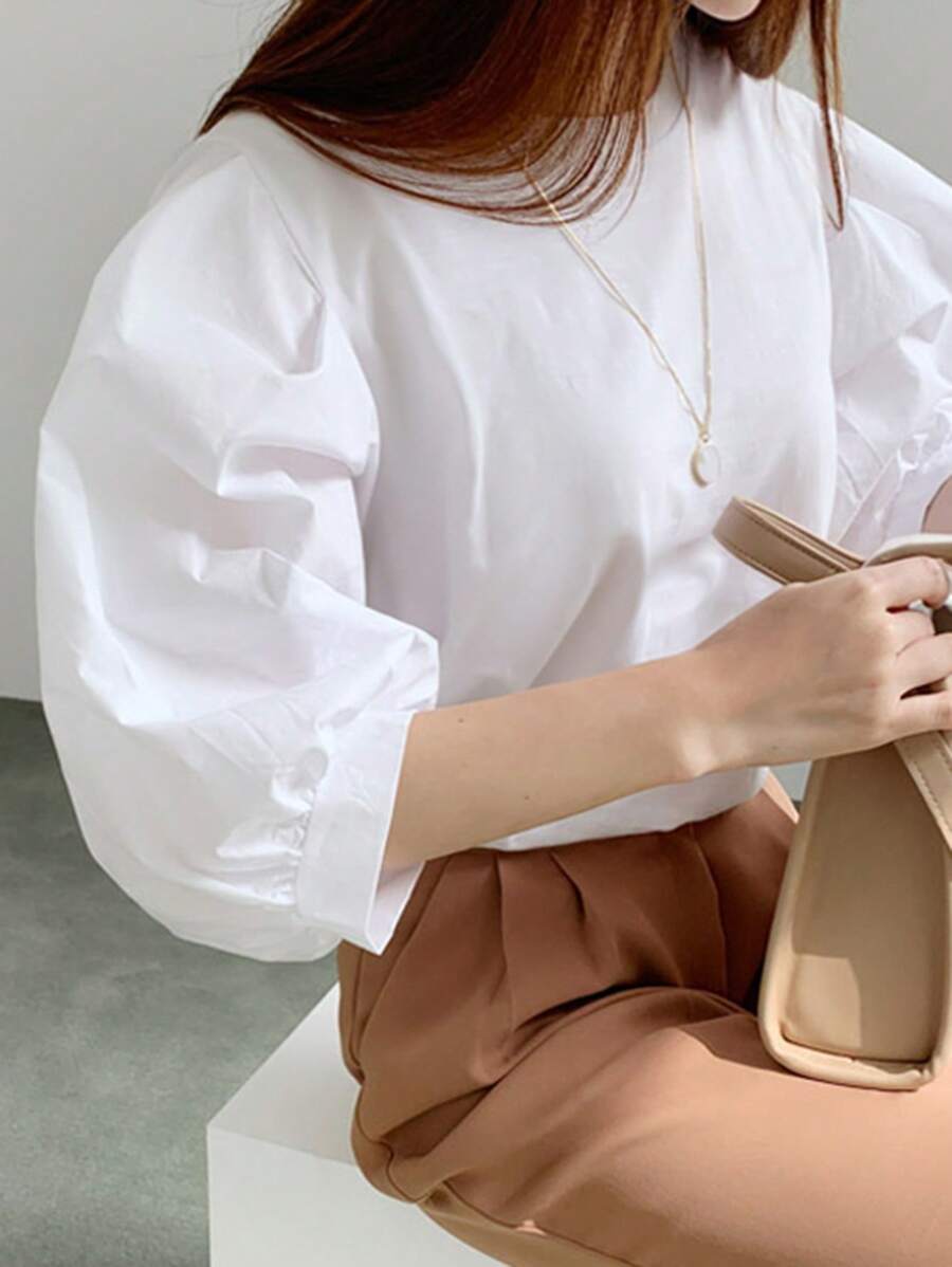 DAZY Solid Puff Sleeve Blouse Preppy Tops - White - View 1