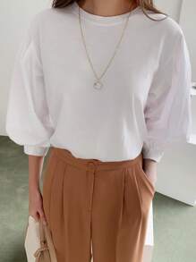 DAZY Solid Puff Sleeve Blouse Preppy Tops - White - View 5