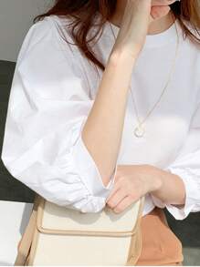 DAZY Solid Puff Sleeve Blouse Preppy Tops - White - View 8