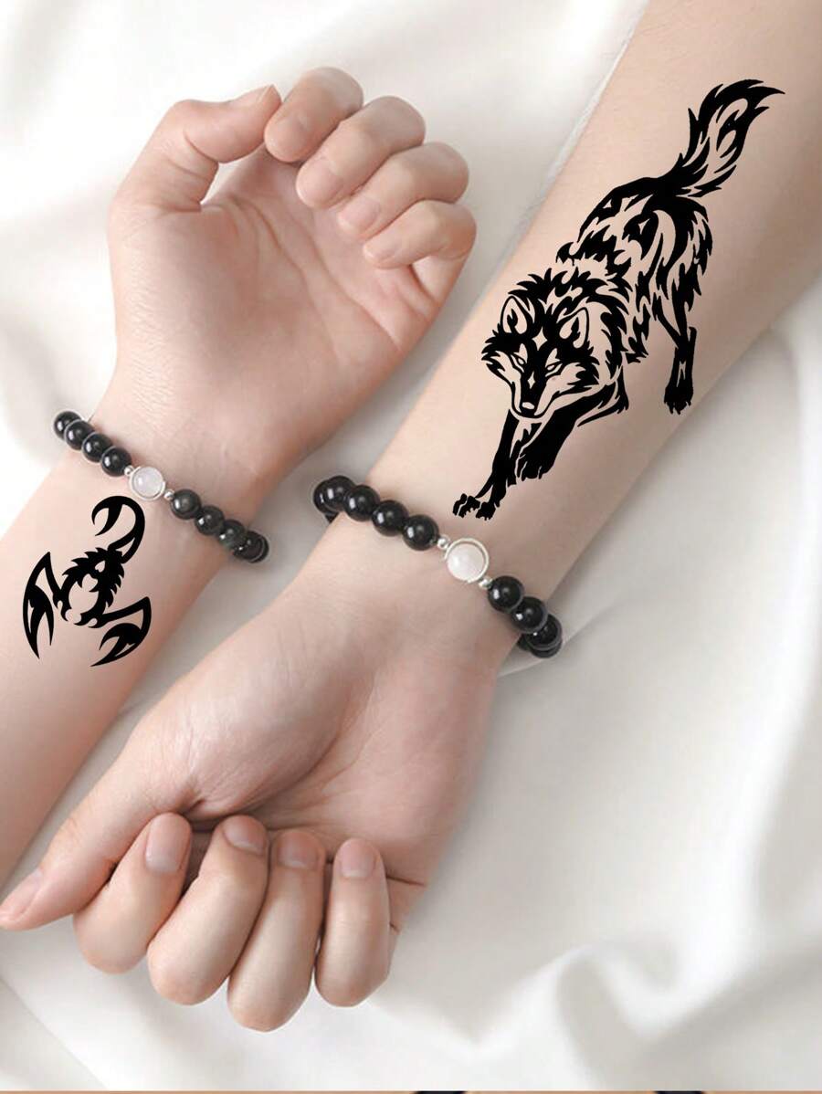 1pc Black Outlined Simple Style Waterproof Realistic Temporary Tattoo Sticker With Animal Wolf, Moon, Scorpion Patterns - Black - View 1