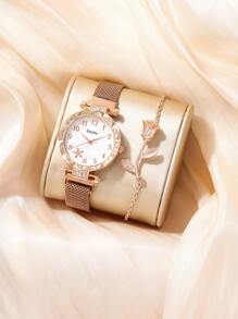 inschi c 1套女性時尚潮流鬆散石英手錶，配有數字星空和鑽石 + 玫瑰花形手鍊 - 玫瑰金 - 查看 1