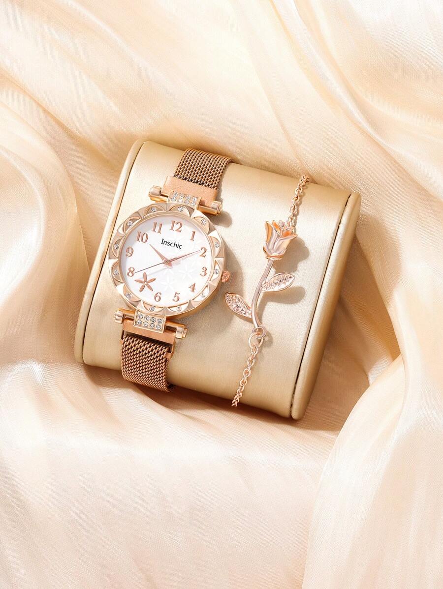 inschi c 1套女性時尚潮流鬆散石英手錶，配有數字星空和鑽石 + 玫瑰花形手鍊 - 玫瑰金 - 查看 1