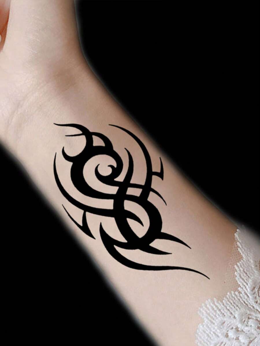 1張黑色極簡風格圖騰和文字設計的紋身貼紙,防水,持久 - 黑色 - 查看 1