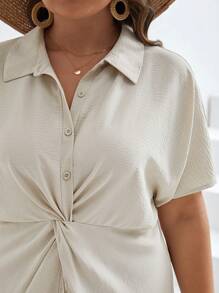 SHEIN Frenchy 大碼前扭結蝙蝠袖襯衫洋裝 - 杏色 - 查看 6