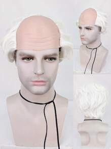 後退髮際線禿頂假髮帶橡膠頂 12 英寸短白色波浪半禿頭老人角色扮演假髮中性成人禿頭假髮學校萬聖節聖誕服裝配件和 1入組假髮帽 - 白色 - 查看 1