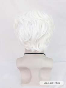 後退髮際線禿頂假髮帶橡膠頂 12 英寸短白色波浪半禿頭老人角色扮演假髮中性成人禿頭假髮學校萬聖節聖誕服裝配件和 1入組假髮帽 - 白色 - 查看 2