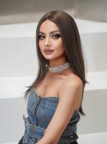 長款直筒人造假髮 - 棕色 - 查看 4