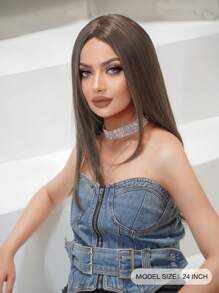 長款直筒人造假髮 - 棕色 - 查看 5