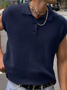 Manfinity Hypemode Men Solid Ribbed Knit Sweater Vest - Navy Blue - View 1