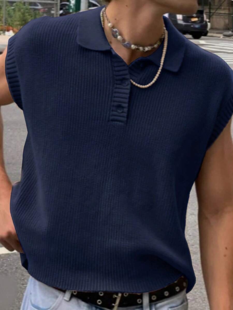 Manfinity Hypemode Men Solid Ribbed Knit Sweater Vest - Navy Blue - View 1