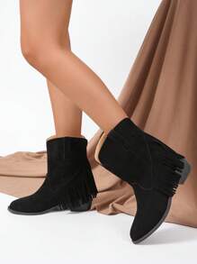 Giày bốt đen thanh lịch cho nữ, bốt tây giả da lộn trang trí tua rua - màu đen - Xem 4