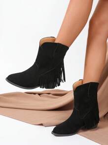 Giày bốt đen thanh lịch cho nữ, bốt tây giả da lộn trang trí tua rua - màu đen - Xem 5