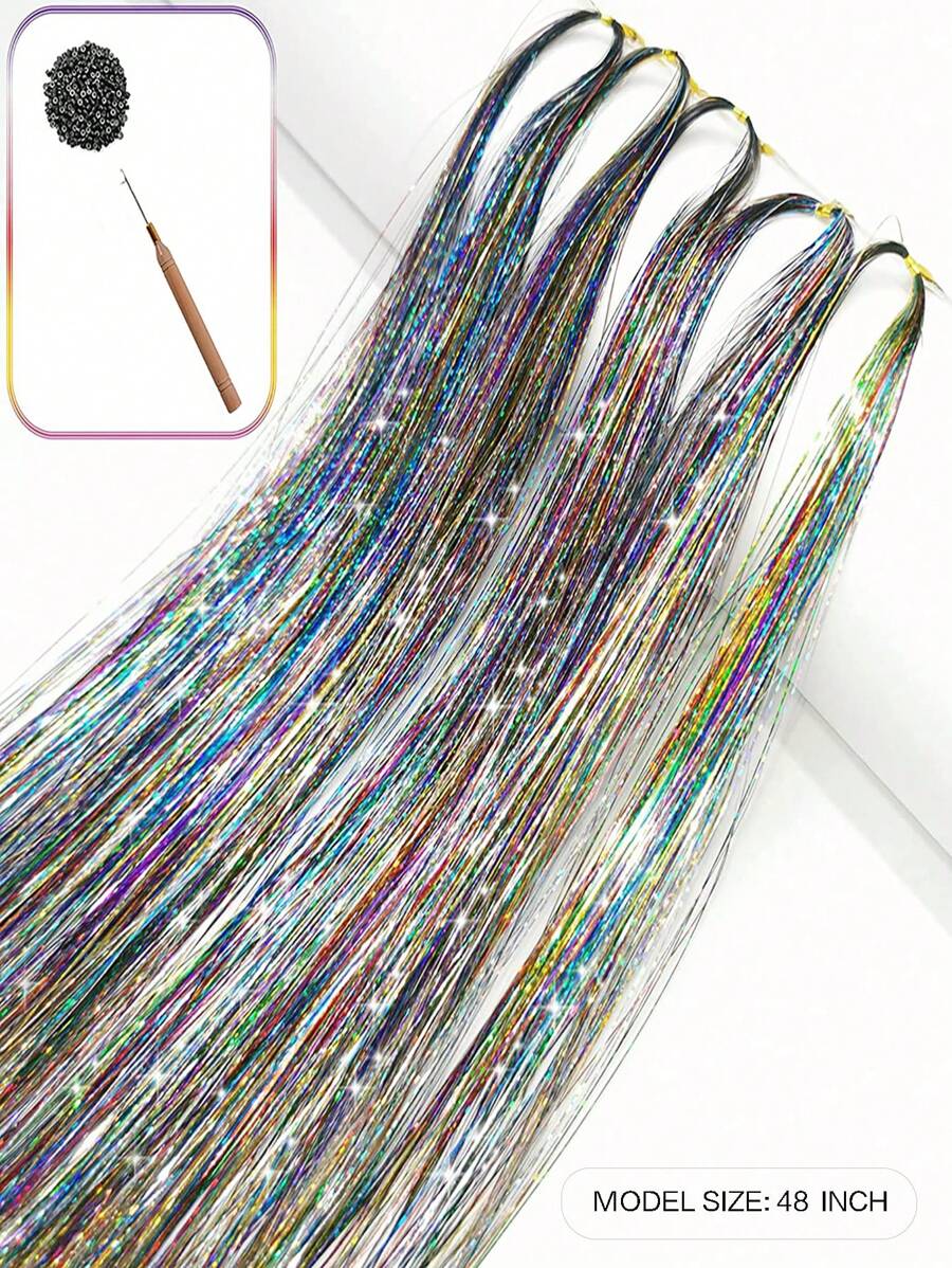 Bộ dụng cụ làm tóc bằng kim tuyến với công cụ & hạt dễ sử dụng 1000 sợi Phần mở rộng tóc bằng kim tuyến lấp lánh 48 inch - Nhiều màu - Xem 1
