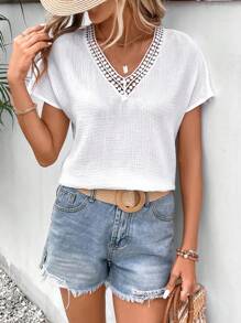 SHEIN Frenchy Contrast Guipure Lace Dolman Sleeve Blouse - White - View 1