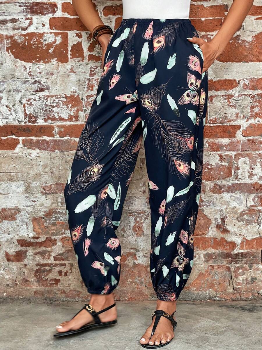 EMERY ROSE Feather Print Slant Pocket Pants - Multicolor - View 1