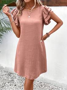 SHEIN Frenchy Solid Butterfly Sleeve Tunic Dress - Dusty Pink - View 1