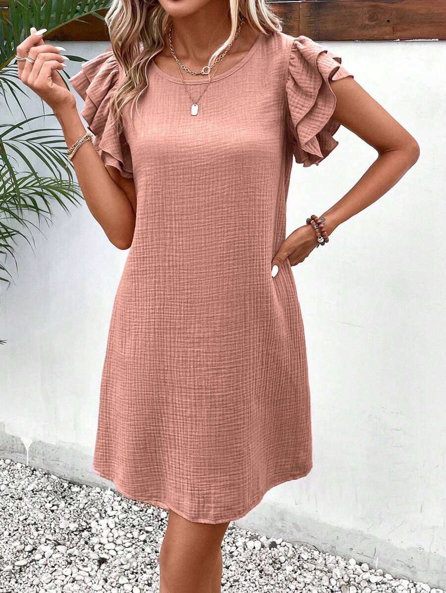 SHEIN Frenchy Solid Butterfly Sleeve Tunic Dress - Dusty Pink - View 1