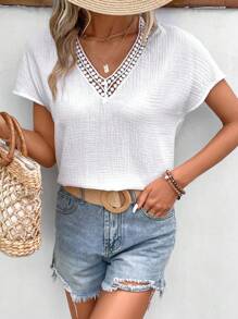 SHEIN Frenchy Contrast Guipure Lace Dolman Sleeve Blouse - White - View 6